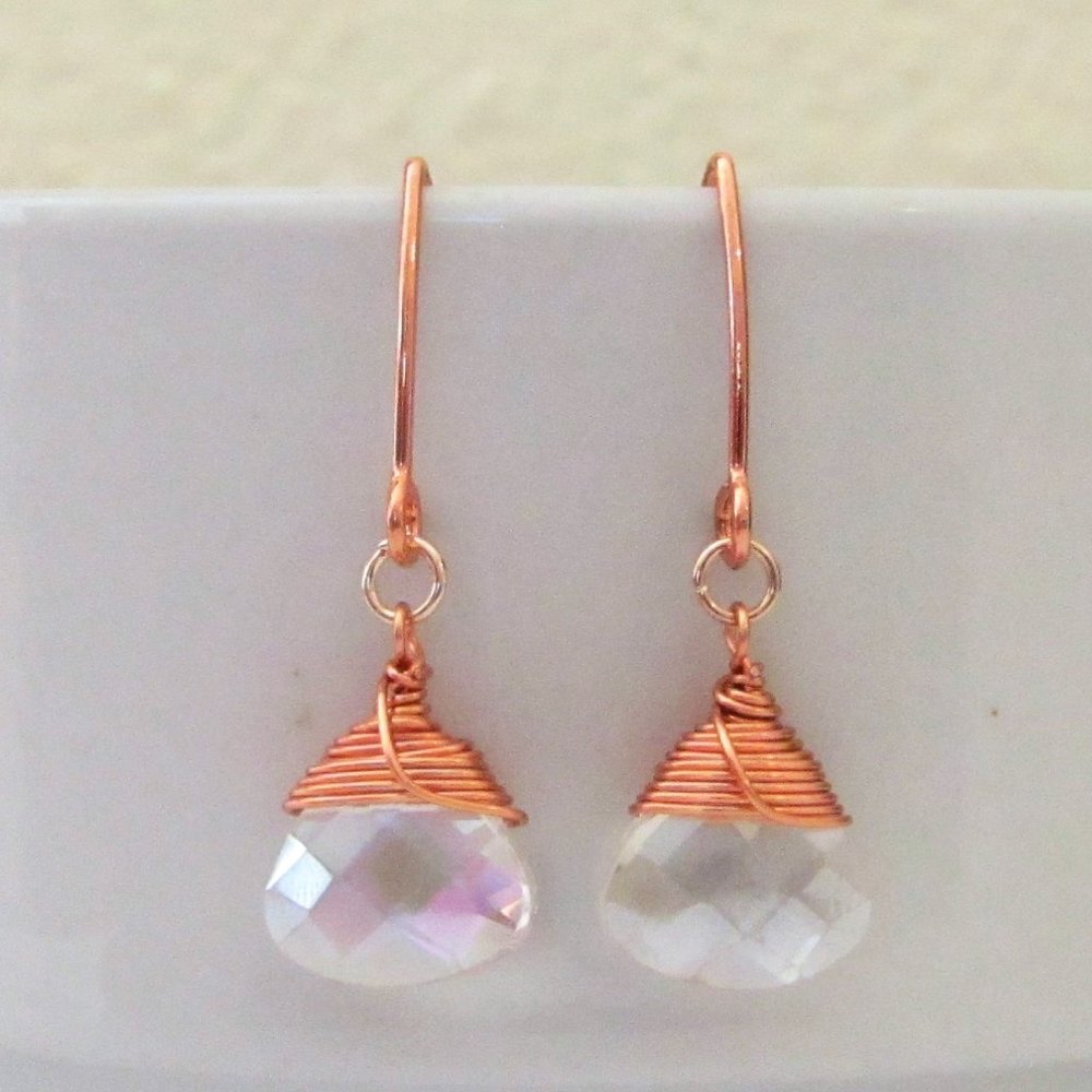 Faceted Clear AB Teardrop Crystal Copper Earrings